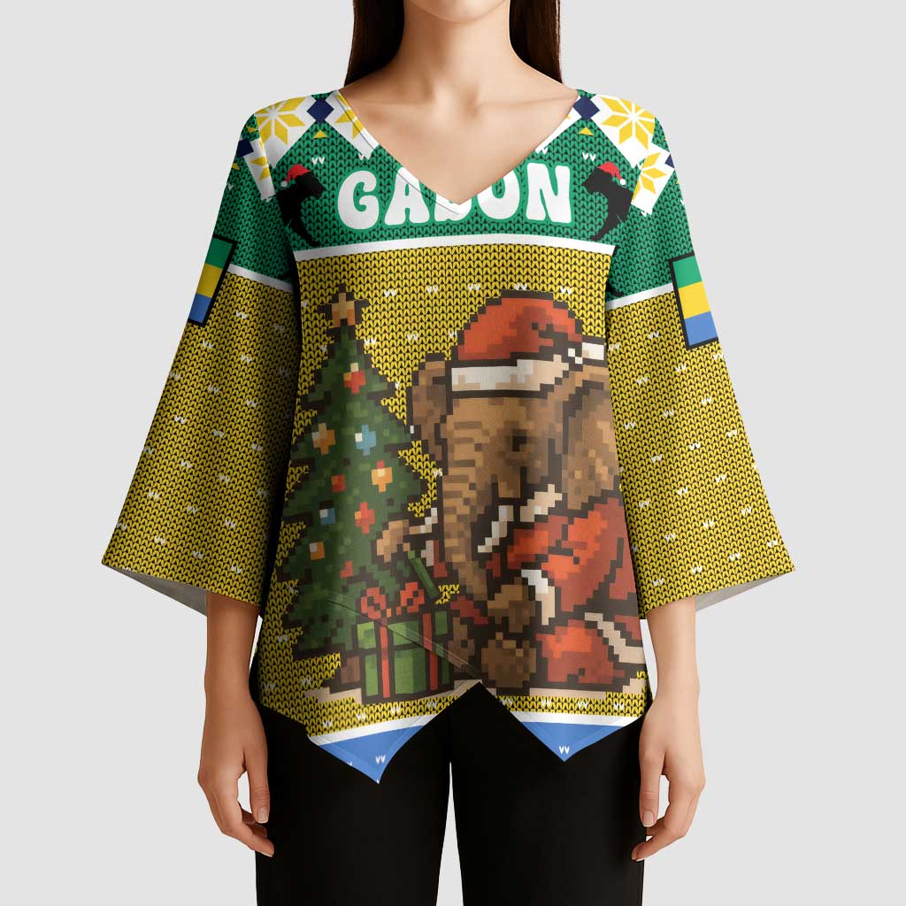 Gabon Christmas Kimono Sleeve Blouse with Pixel Art Elephant Santa Christmas Tree and Flag Colors Pattern - Wonder Print Shop