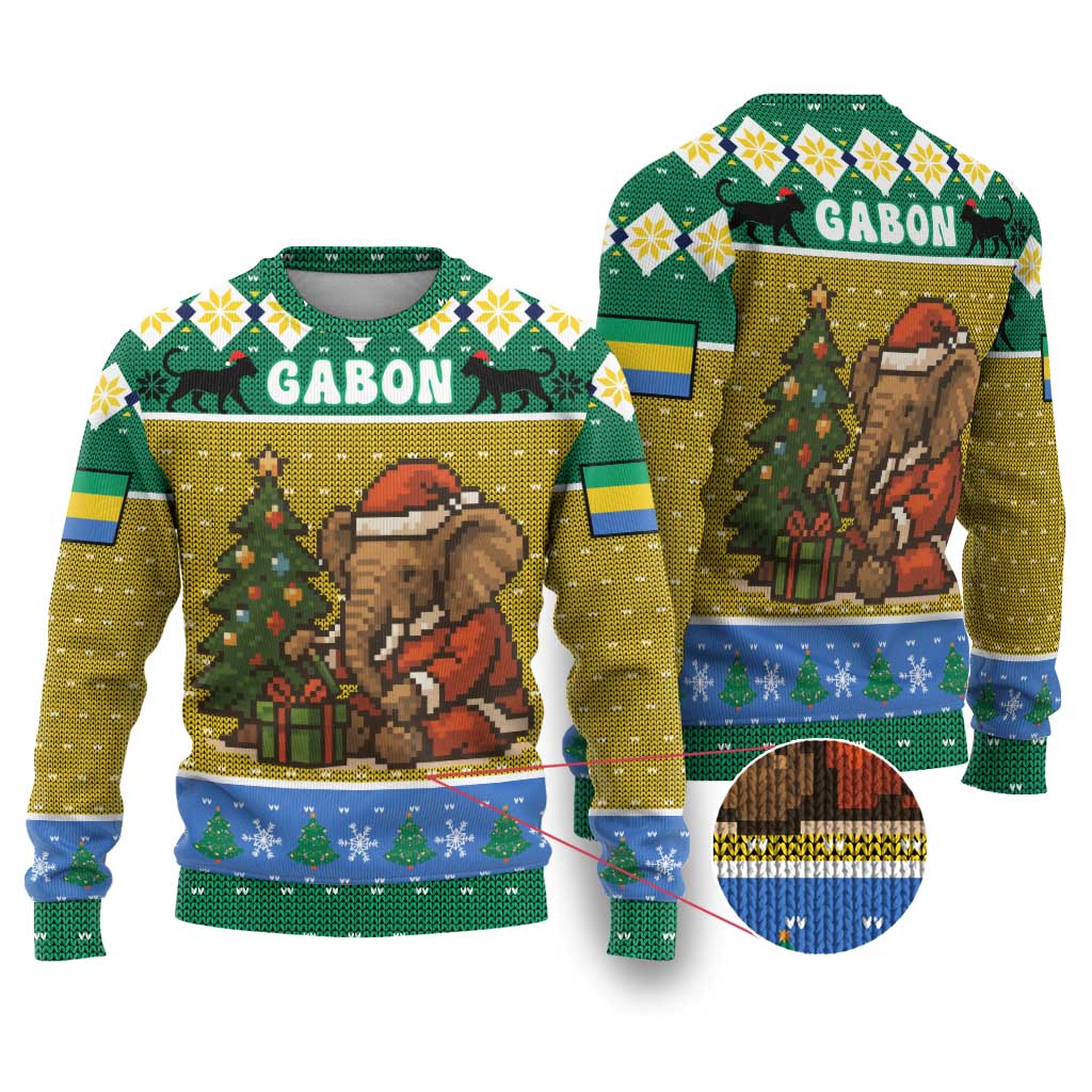 Gabon Christmas Ugly Christmas Sweater with Pixel Art Elephant Santa Christmas Tree and Flag Colors Pattern - Wonder Print Shop