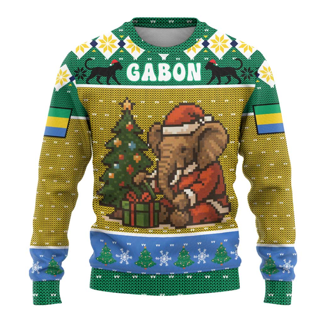 Gabon Christmas Ugly Christmas Sweater with Pixel Art Elephant Santa Christmas Tree and Flag Colors Pattern - Wonder Print Shop