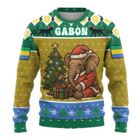 Gabon Christmas Ugly Christmas Sweater with Pixel Art Elephant Santa Christmas Tree and Flag Colors Pattern - Wonder Print Shop