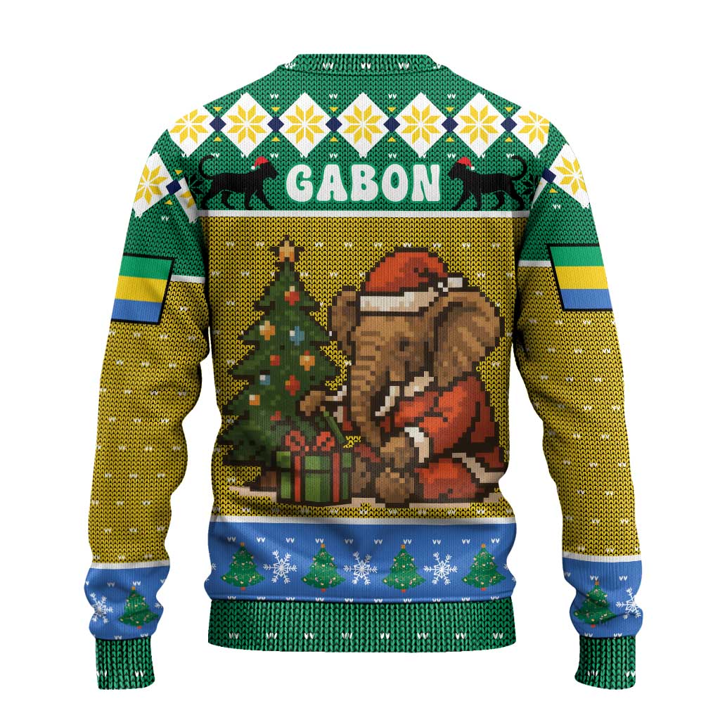 Gabon Christmas Ugly Christmas Sweater with Pixel Art Elephant Santa Christmas Tree and Flag Colors Pattern - Wonder Print Shop