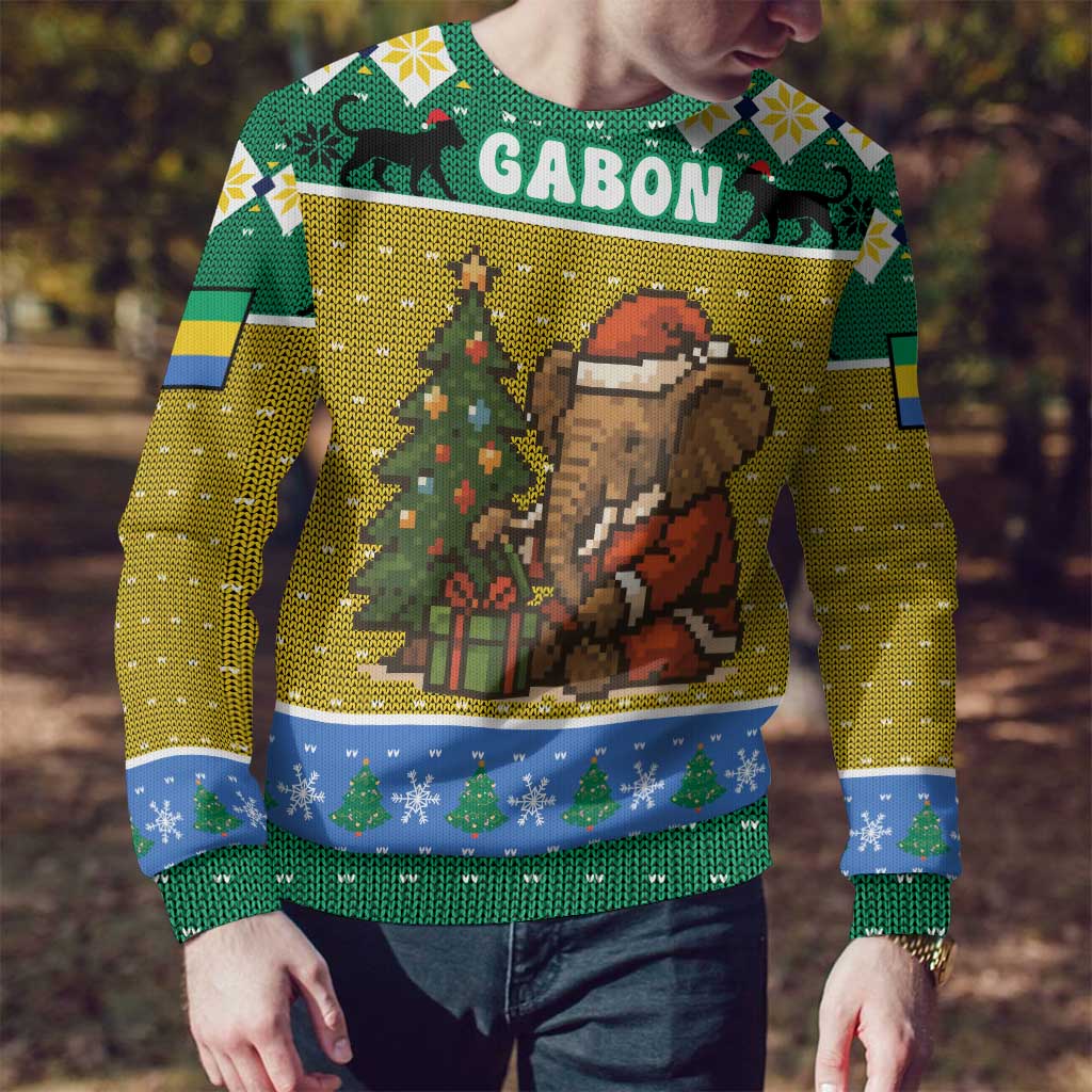 Gabon Christmas Ugly Christmas Sweater with Pixel Art Elephant Santa Christmas Tree and Flag Colors Pattern - Wonder Print Shop