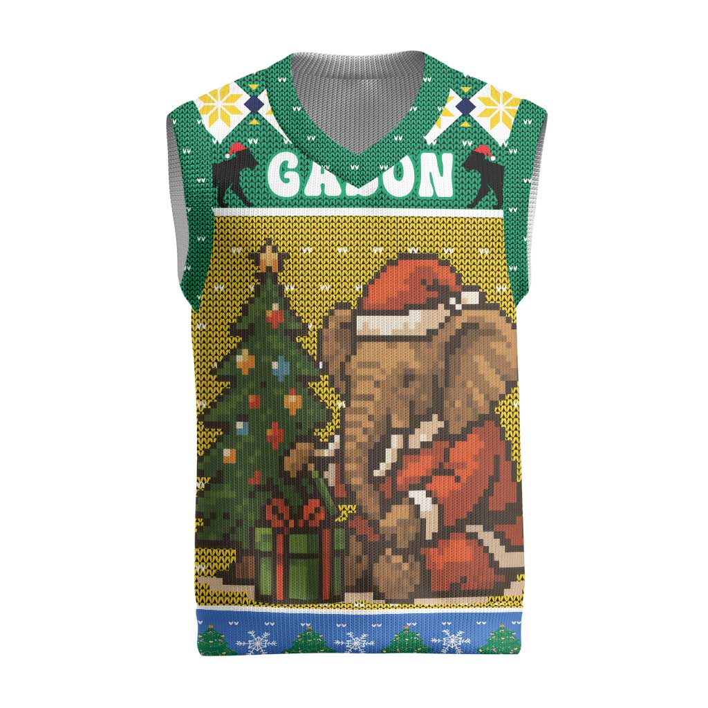 Gabon Christmas Knitted V-Neck Vest with Pixel Art Elephant Santa Christmas Tree and Flag Colors Pattern - Wonder Print Shop