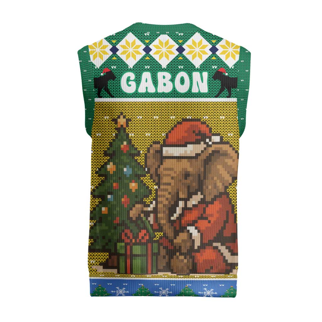 Gabon Christmas Knitted V-Neck Vest with Pixel Art Elephant Santa Christmas Tree and Flag Colors Pattern - Wonder Print Shop