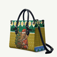 Gabon Christmas Leather Bag with Pixel Art Elephant Santa Christmas Tree and Flag Colors Pattern - Wonder Print Shop