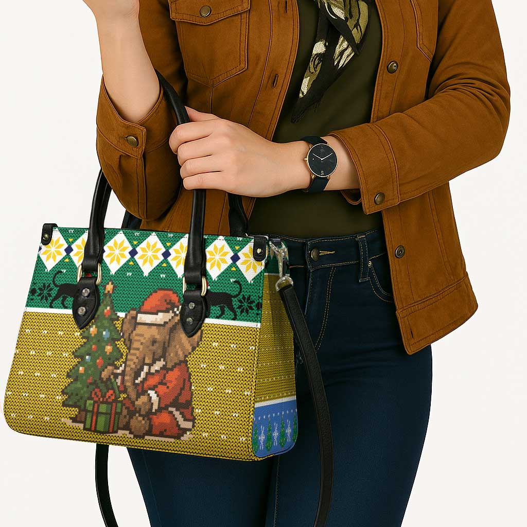 Gabon Christmas Leather Bag with Pixel Art Elephant Santa Christmas Tree and Flag Colors Pattern - Wonder Print Shop