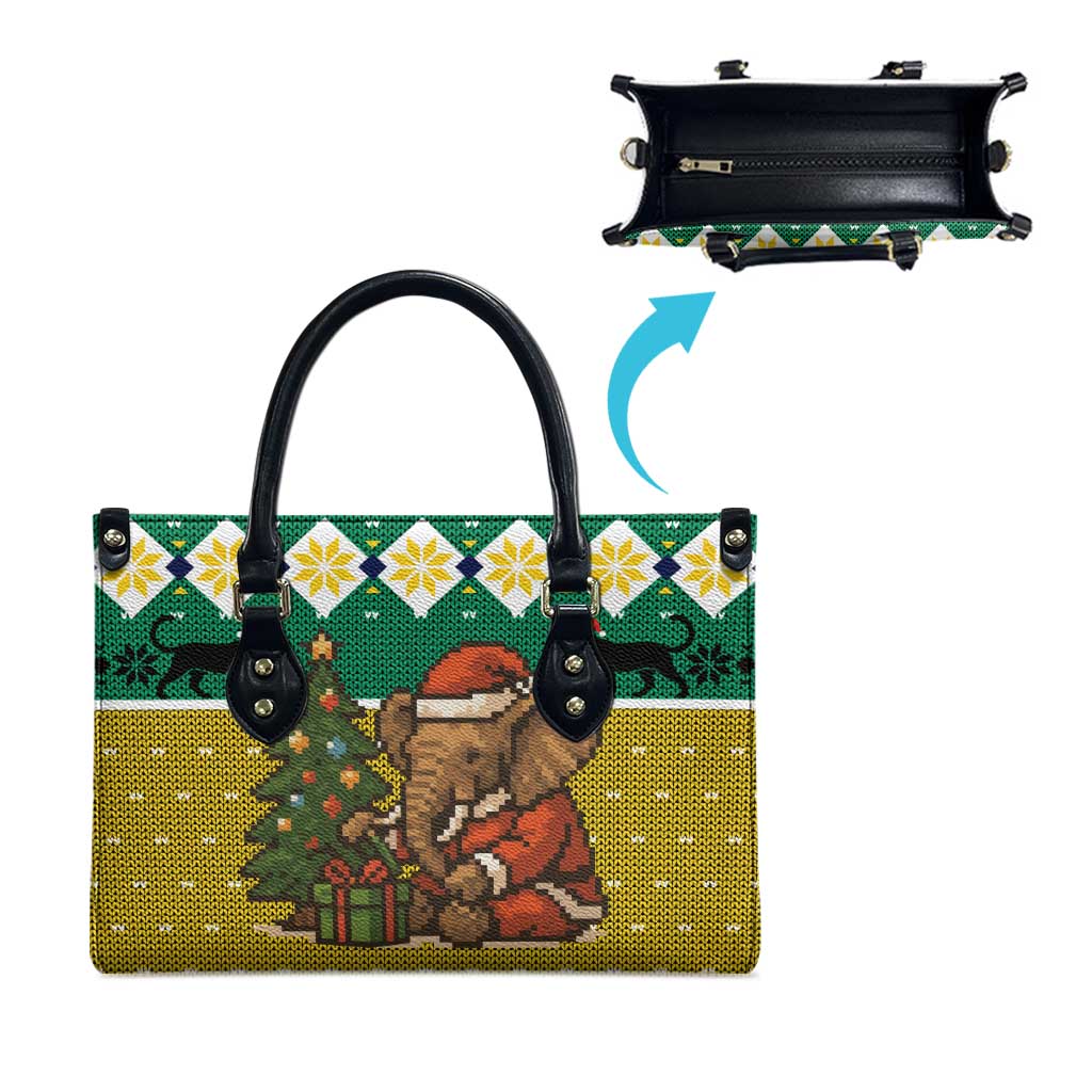 Gabon Christmas Leather Bag with Pixel Art Elephant Santa Christmas Tree and Flag Colors Pattern - Wonder Print Shop