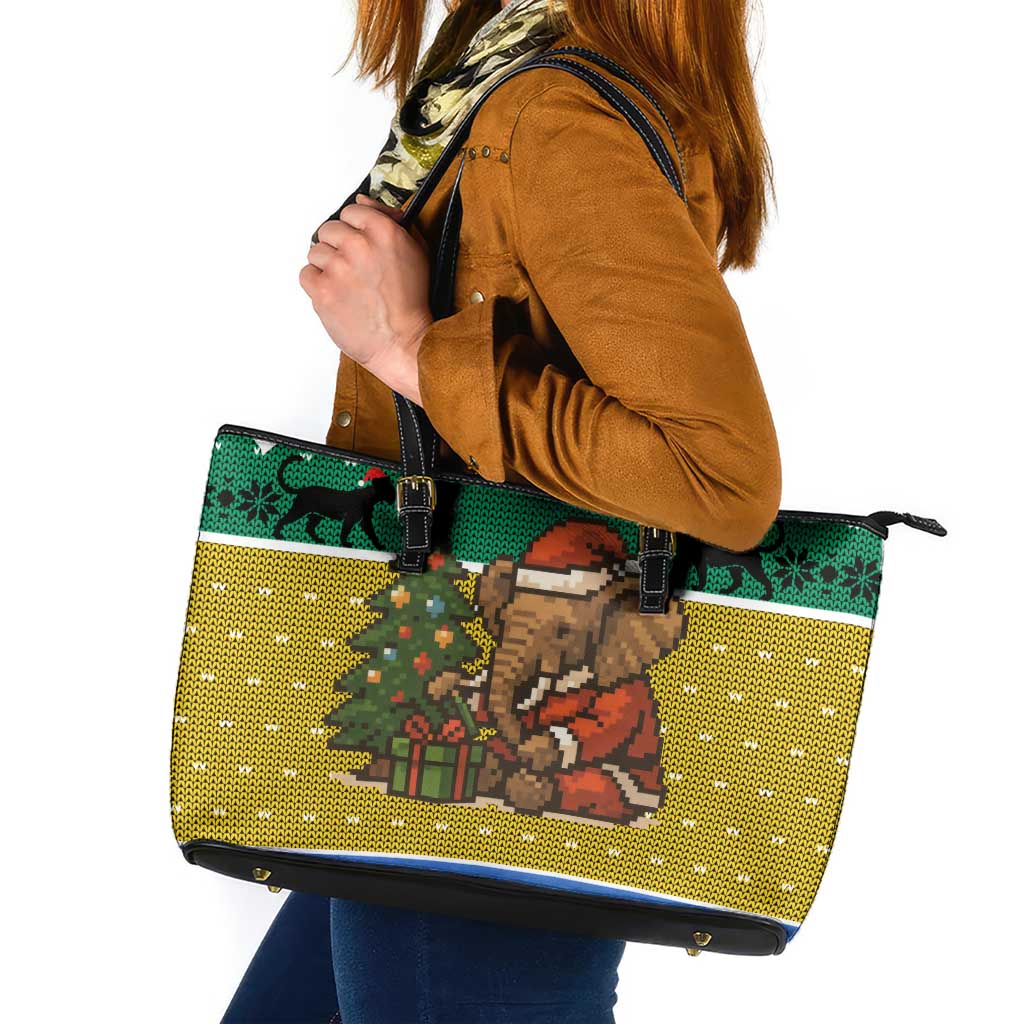 Gabon Christmas Leather Tote Bag with Pixel Art Elephant Santa Christmas Tree and Flag Colors Pattern - Wonder Print Shop