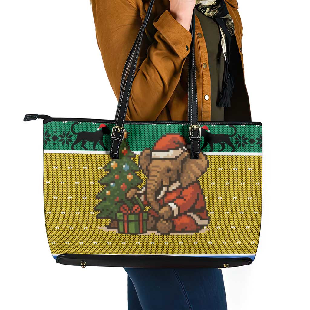 Gabon Christmas Leather Tote Bag with Pixel Art Elephant Santa Christmas Tree and Flag Colors Pattern - Wonder Print Shop