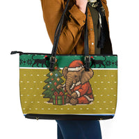 Gabon Christmas Leather Tote Bag with Pixel Art Elephant Santa Christmas Tree and Flag Colors Pattern - Wonder Print Shop