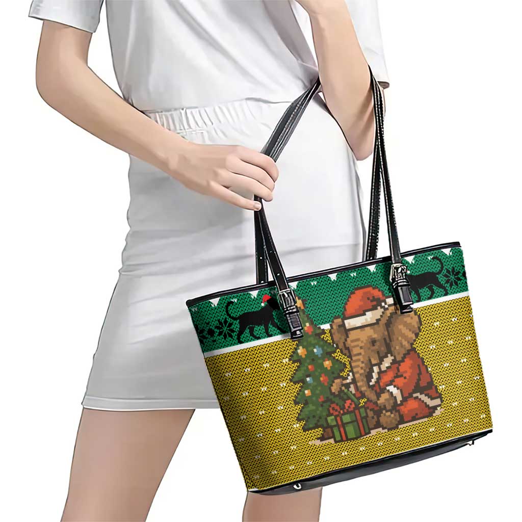 Gabon Christmas Leather Tote Bag with Pixel Art Elephant Santa Christmas Tree and Flag Colors Pattern - Wonder Print Shop