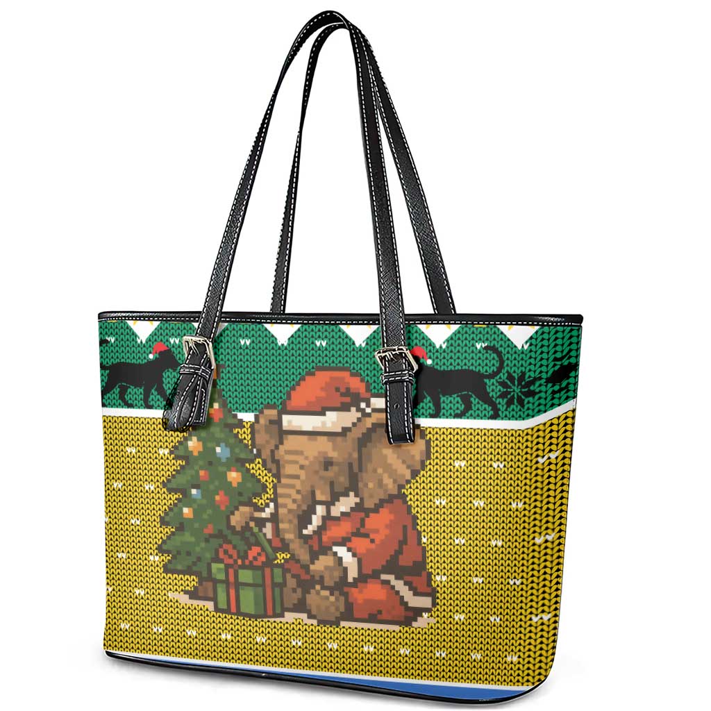 Gabon Christmas Leather Tote Bag with Pixel Art Elephant Santa Christmas Tree and Flag Colors Pattern - Wonder Print Shop