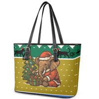 Gabon Christmas Leather Tote Bag with Pixel Art Elephant Santa Christmas Tree and Flag Colors Pattern - Wonder Print Shop