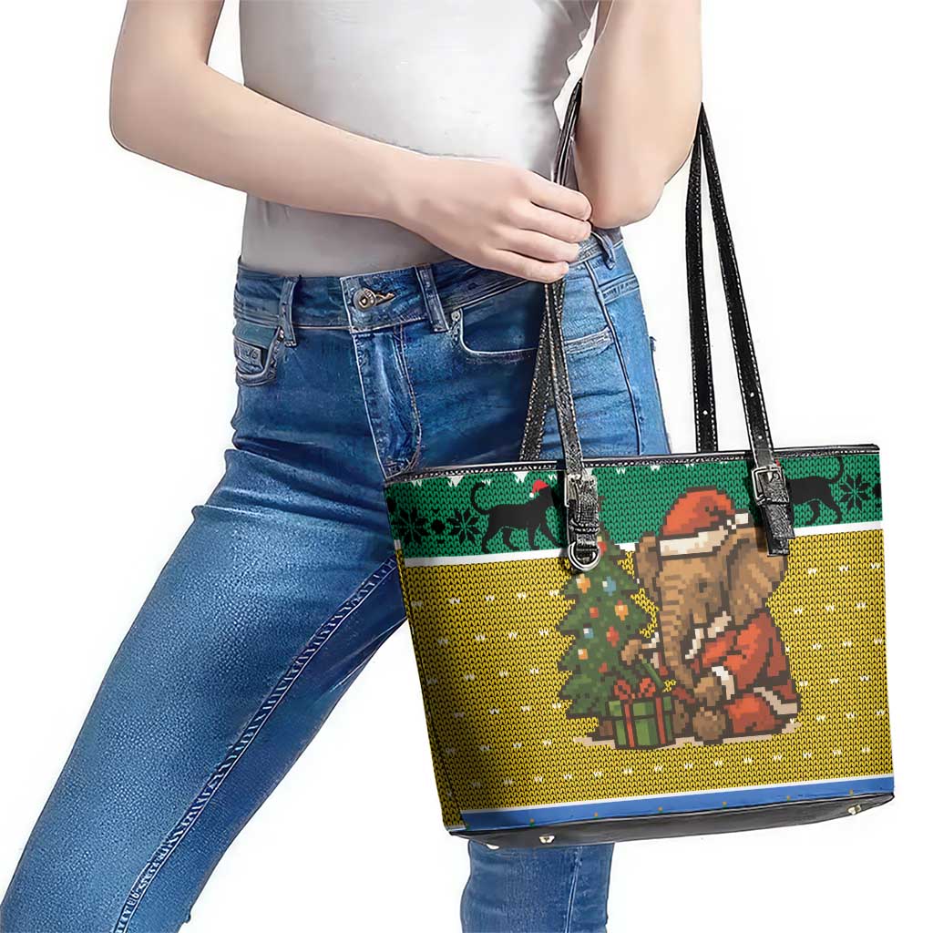 Gabon Christmas Leather Tote Bag with Pixel Art Elephant Santa Christmas Tree and Flag Colors Pattern - Wonder Print Shop