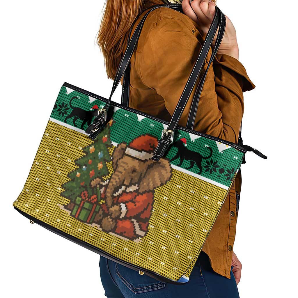 Gabon Christmas Leather Tote Bag with Pixel Art Elephant Santa Christmas Tree and Flag Colors Pattern - Wonder Print Shop