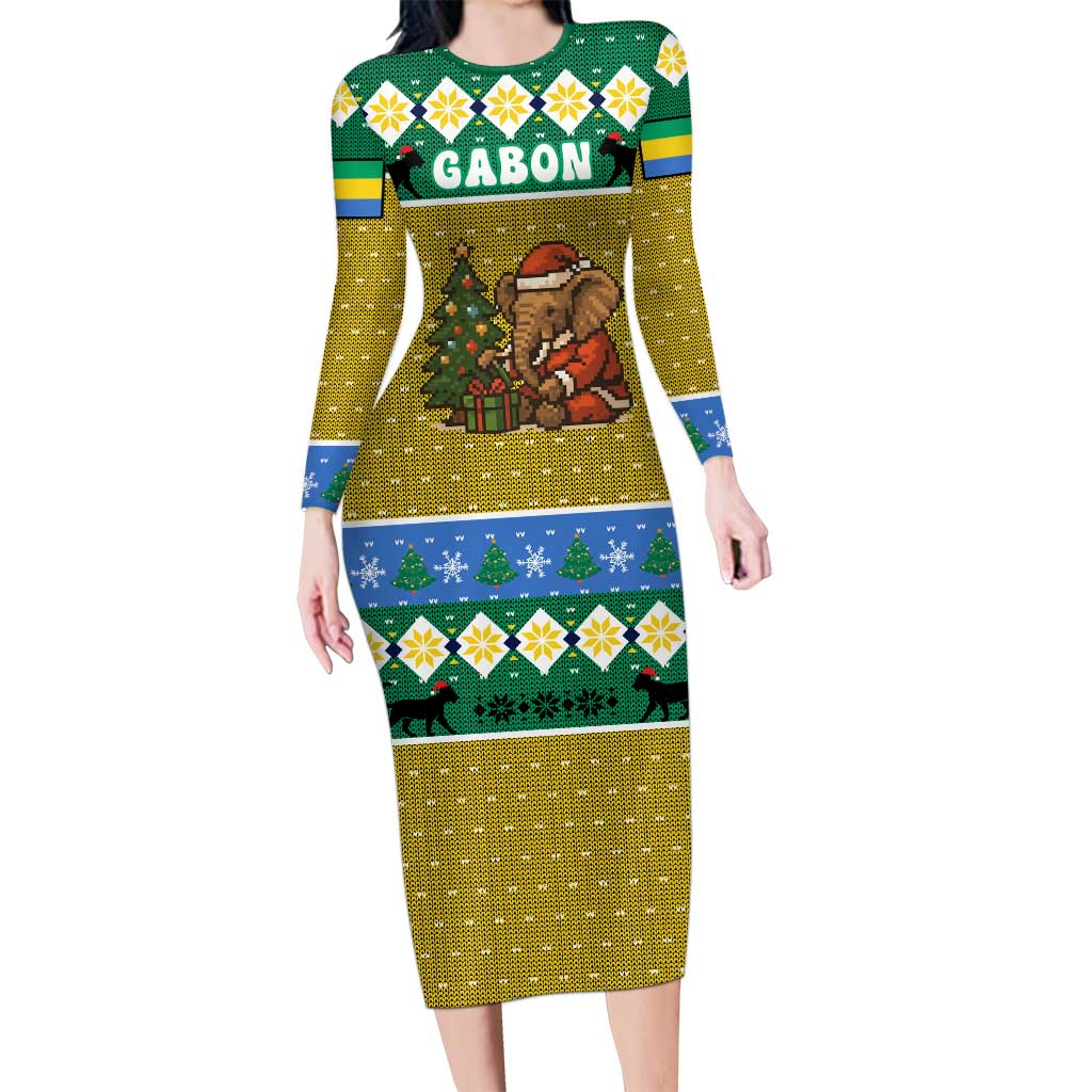 Gabon Christmas Long Sleeve Bodycon Dress with Pixel Art Elephant Santa Christmas Tree and Flag Colors Pattern - Wonder Print Shop