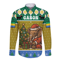 Gabon Christmas Long Sleeve Button Shirt with Pixel Art Elephant Santa Christmas Tree and Flag Colors Pattern - Wonder Print Shop