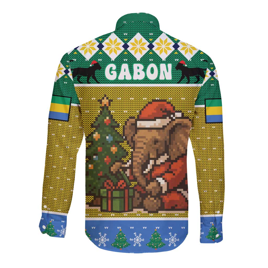 Gabon Christmas Long Sleeve Button Shirt with Pixel Art Elephant Santa Christmas Tree and Flag Colors Pattern - Wonder Print Shop