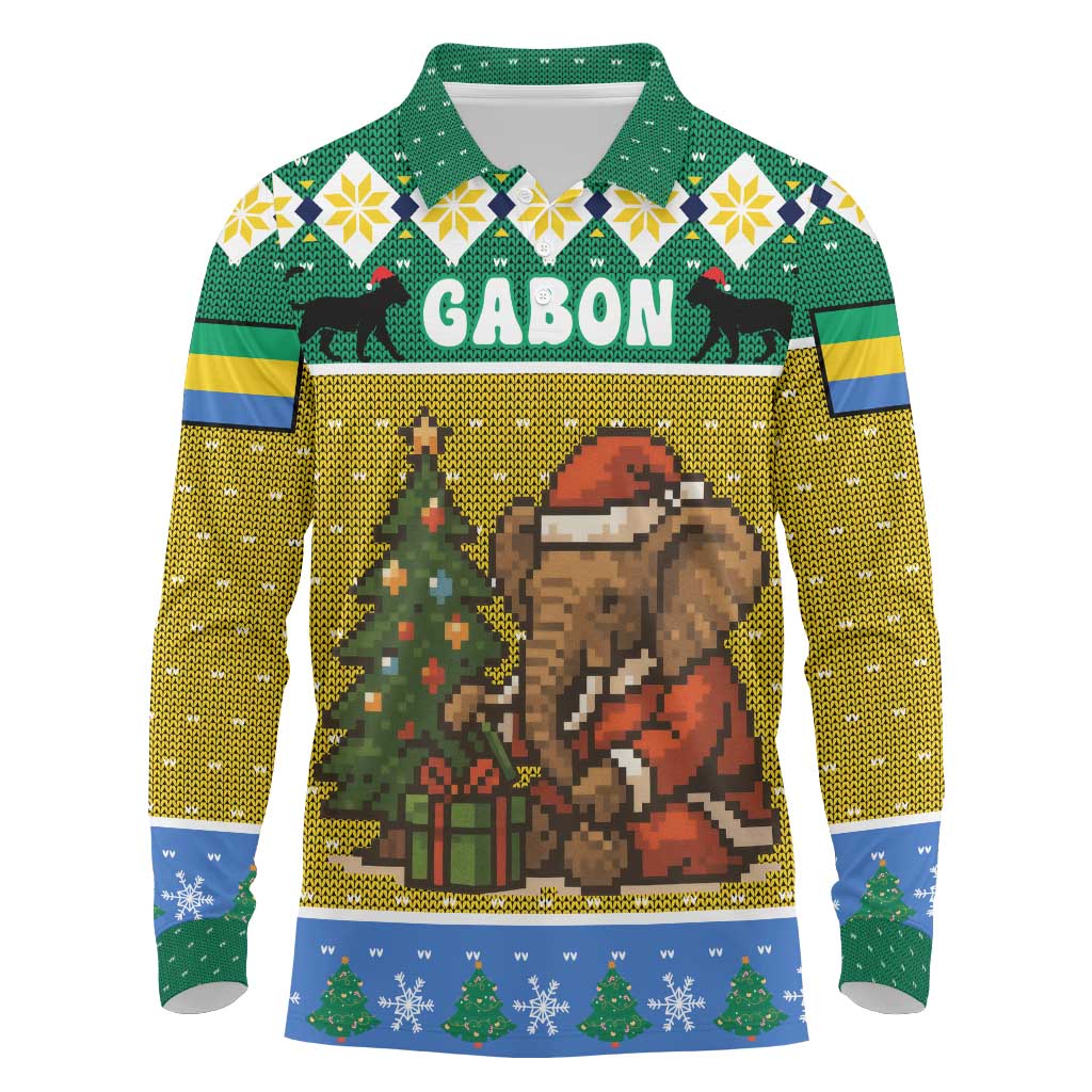 Gabon Christmas Long Sleeve Polo Shirt with Pixel Art Elephant Santa Christmas Tree and Flag Colors Pattern - Wonder Print Shop