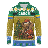 Gabon Christmas Long Sleeve Polo Shirt with Pixel Art Elephant Santa Christmas Tree and Flag Colors Pattern - Wonder Print Shop