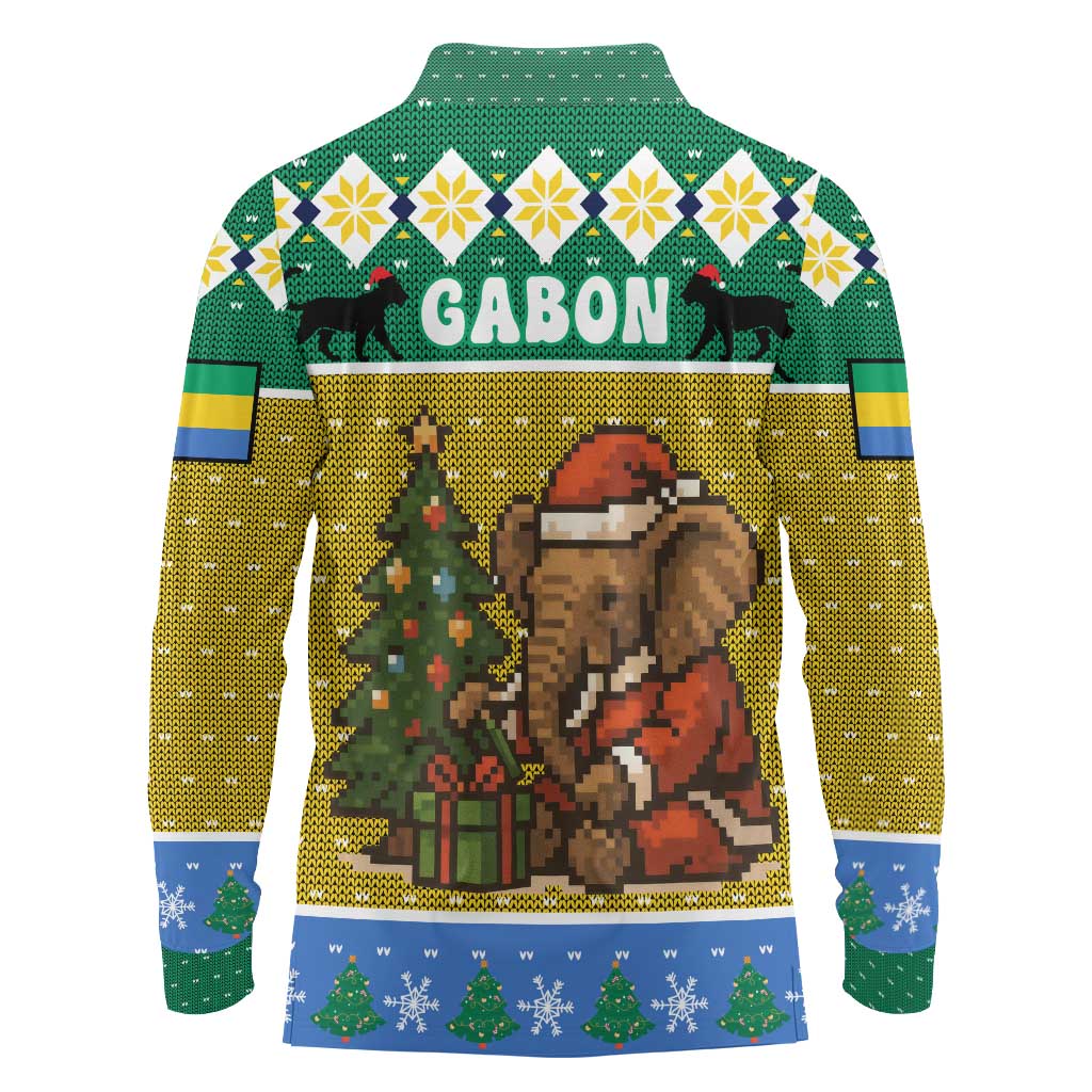 Gabon Christmas Long Sleeve Polo Shirt with Pixel Art Elephant Santa Christmas Tree and Flag Colors Pattern - Wonder Print Shop