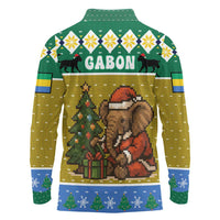 Gabon Christmas Long Sleeve Polo Shirt with Pixel Art Elephant Santa Christmas Tree and Flag Colors Pattern - Wonder Print Shop