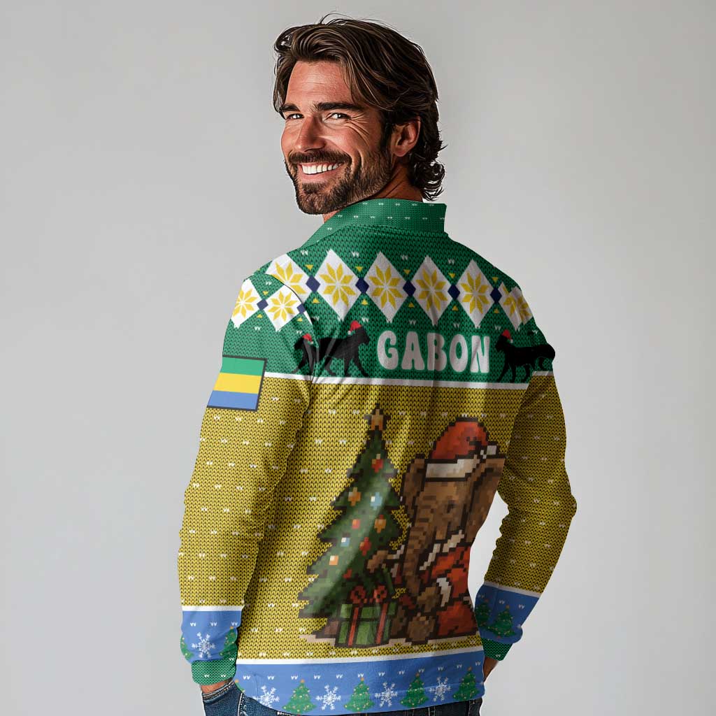 Gabon Christmas Long Sleeve Polo Shirt with Pixel Art Elephant Santa Christmas Tree and Flag Colors Pattern - Wonder Print Shop
