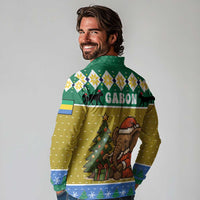 Gabon Christmas Long Sleeve Polo Shirt with Pixel Art Elephant Santa Christmas Tree and Flag Colors Pattern - Wonder Print Shop