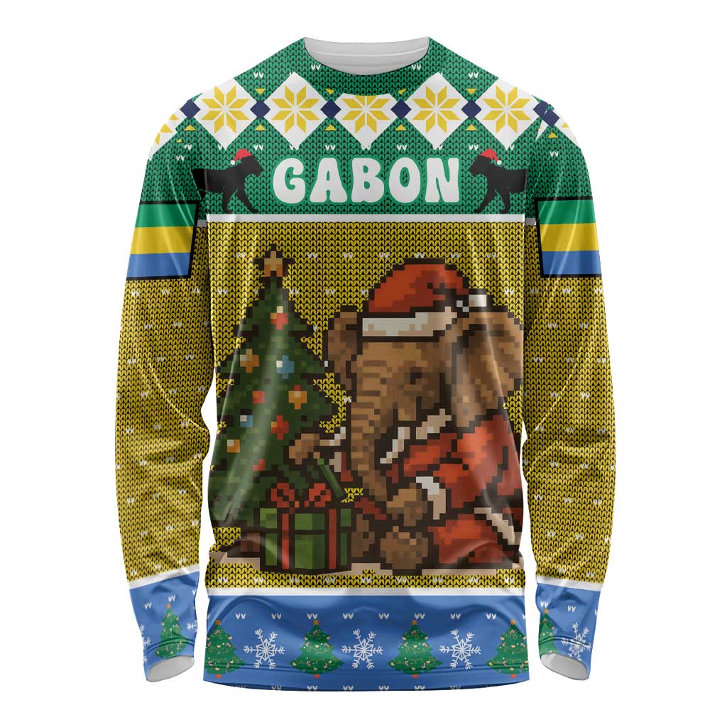Gabon Christmas Long Sleeve Shirt with Pixel Art Elephant Santa Christmas Tree and Flag Colors Pattern - Wonder Print Shop