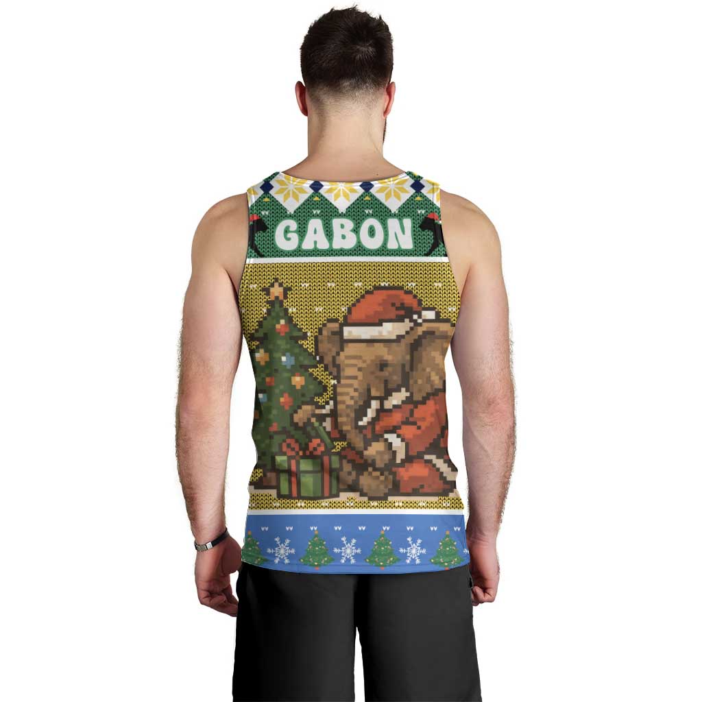 Gabon Christmas Men Tank Top with Pixel Art Elephant Santa Christmas Tree and Flag Colors Pattern - Wonder Print Shop