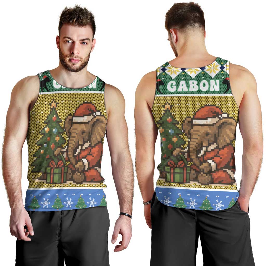Gabon Christmas Men Tank Top with Pixel Art Elephant Santa Christmas Tree and Flag Colors Pattern - Wonder Print Shop
