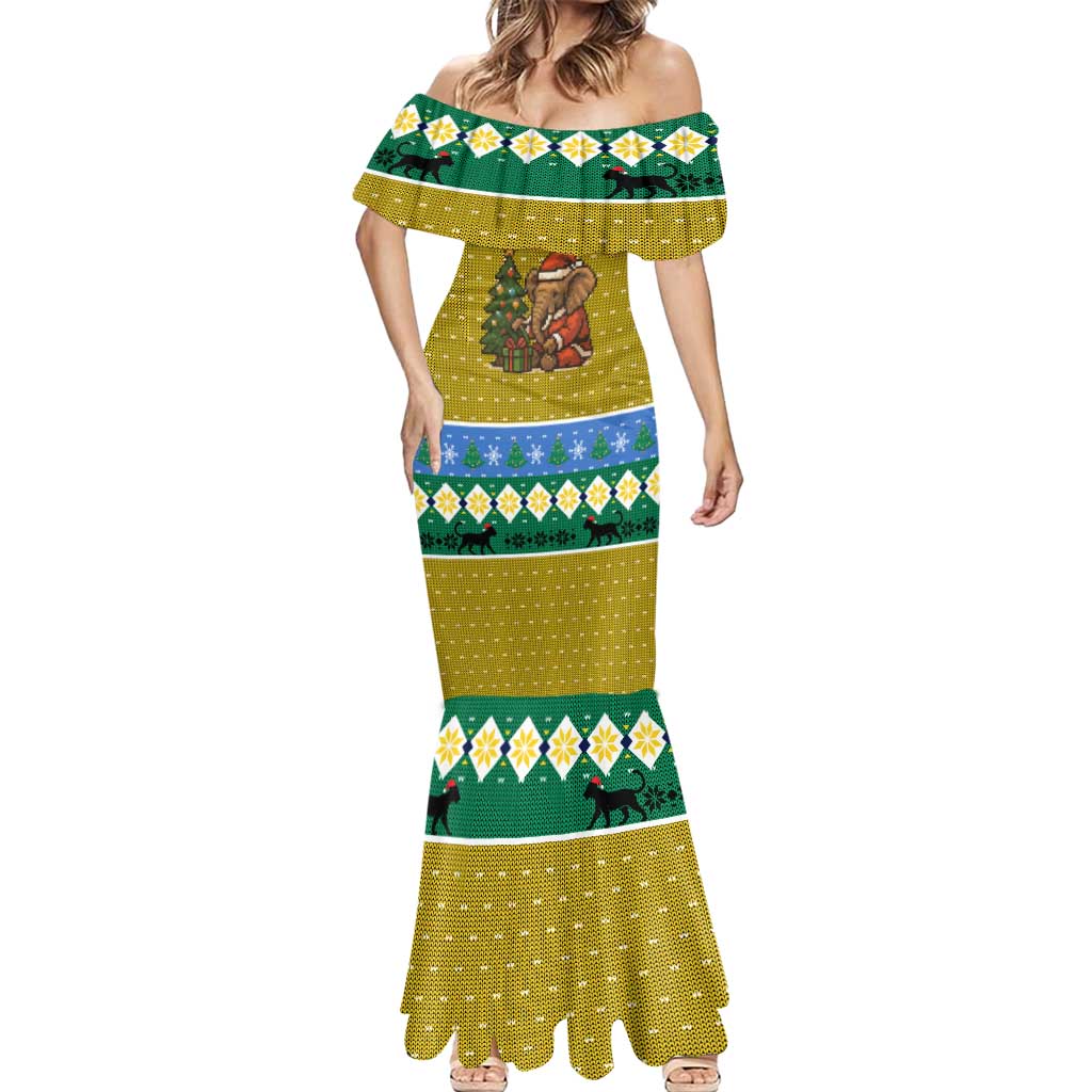 Gabon Christmas Mermaid Dress with Pixel Art Elephant Santa Christmas Tree and Flag Colors Pattern - Wonder Print Shop