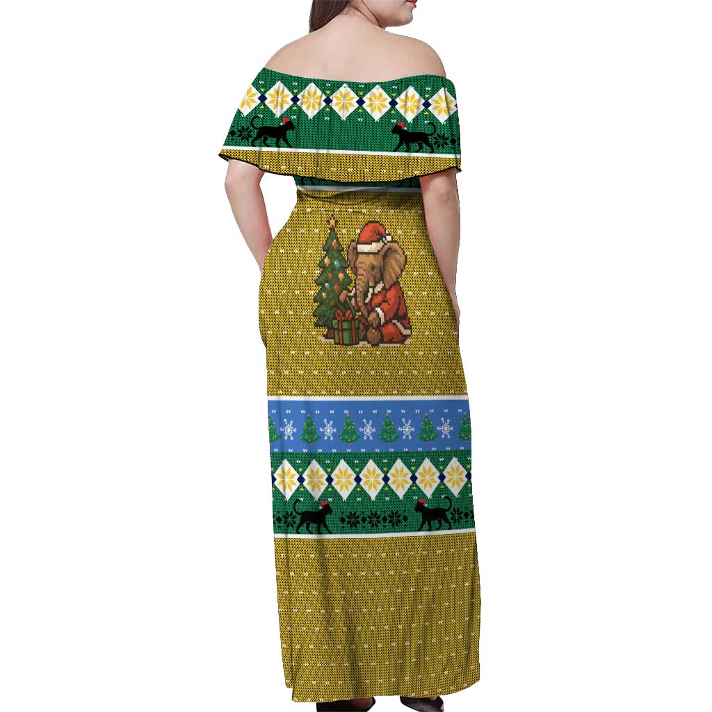 Gabon Christmas Off Shoulder Maxi Dress with Pixel Art Elephant Santa Christmas Tree and Flag Colors Pattern - Wonder Print Shop