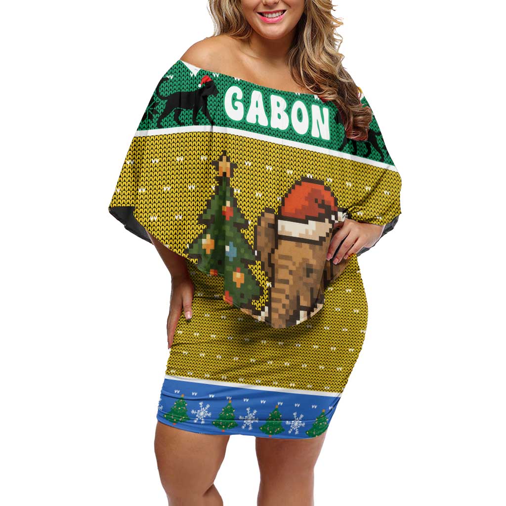 Gabon Christmas Off Shoulder Short Dress with Pixel Art Elephant Santa Christmas Tree and Flag Colors Pattern - Wonder Print Shop