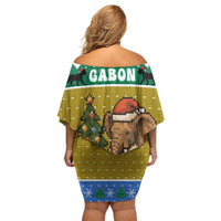 Gabon Christmas Off Shoulder Short Dress with Pixel Art Elephant Santa Christmas Tree and Flag Colors Pattern - Wonder Print Shop