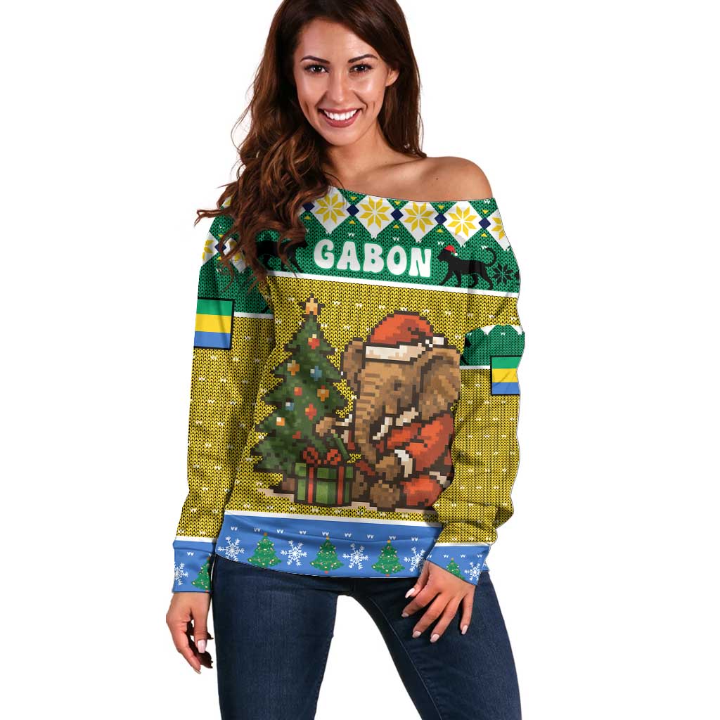 Gabon Christmas Off Shoulder Sweater with Pixel Art Elephant Santa Christmas Tree and Flag Colors Pattern - Wonder Print Shop