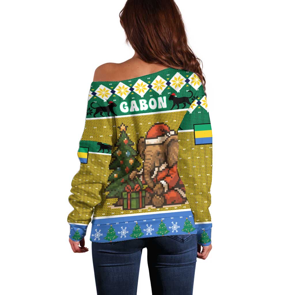 Gabon Christmas Off Shoulder Sweater with Pixel Art Elephant Santa Christmas Tree and Flag Colors Pattern - Wonder Print Shop