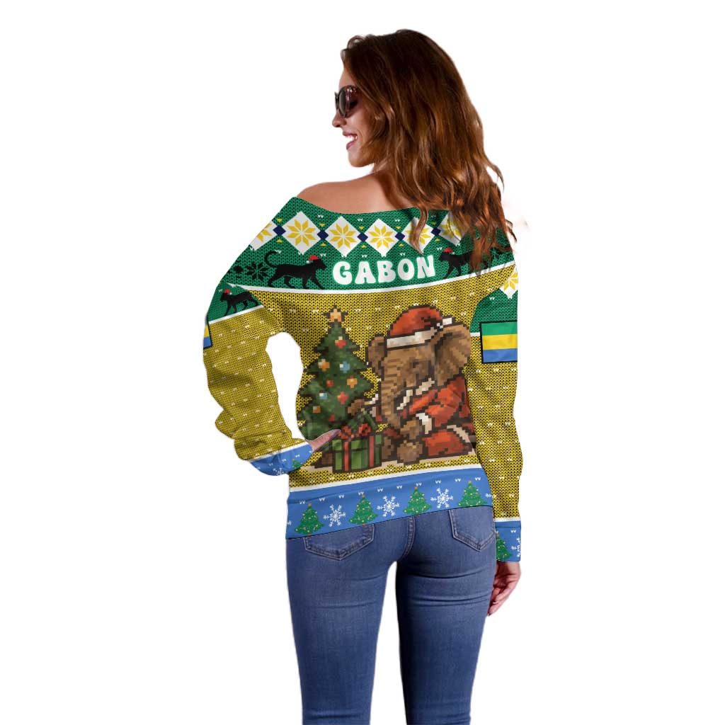 Gabon Christmas Off Shoulder Sweater with Pixel Art Elephant Santa Christmas Tree and Flag Colors Pattern - Wonder Print Shop