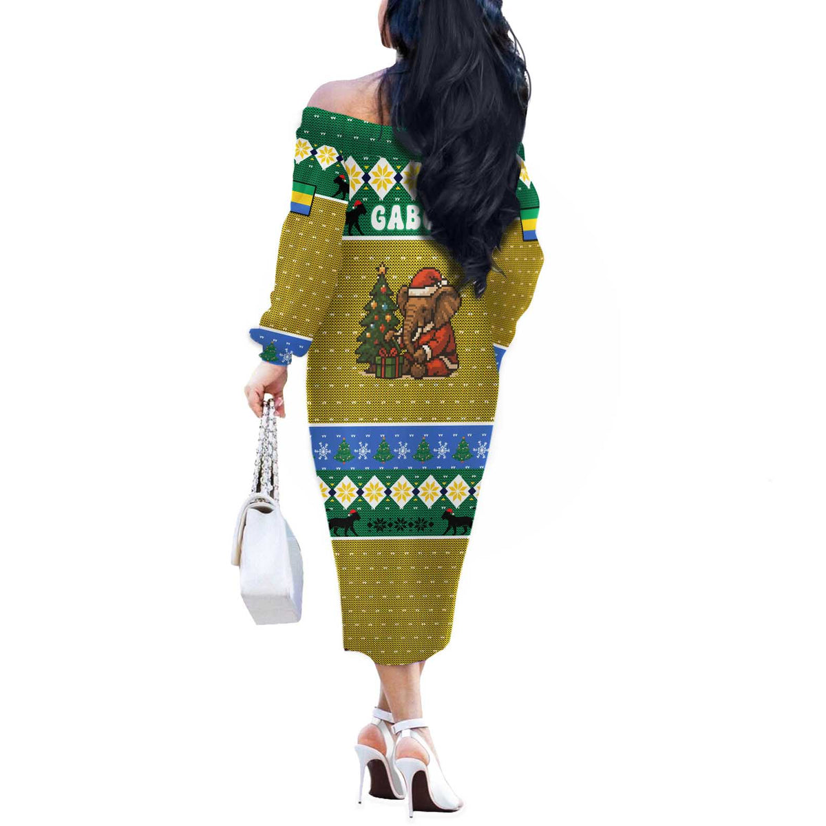 Gabon Christmas Off The Shoulder Long Sleeve Dress with Pixel Art Elephant Santa Christmas Tree and Flag Colors Pattern - Wonder Print Shop