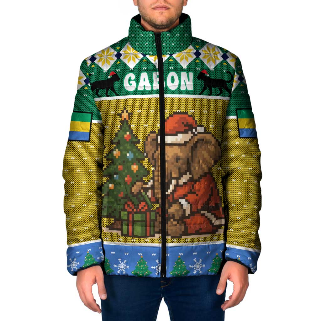 Gabon Christmas Padded Jacket with Pixel Art Elephant Santa Christmas Tree and Flag Colors Pattern - Wonder Print Shop