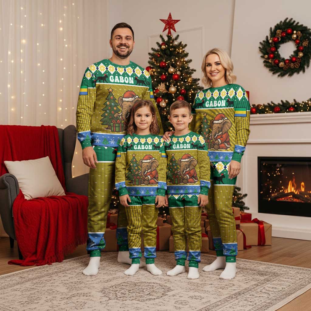 Gabon Christmas Pajama Set with Pixel Art Elephant Santa Christmas Tree and Flag Colors Pattern - Wonder Print Shop