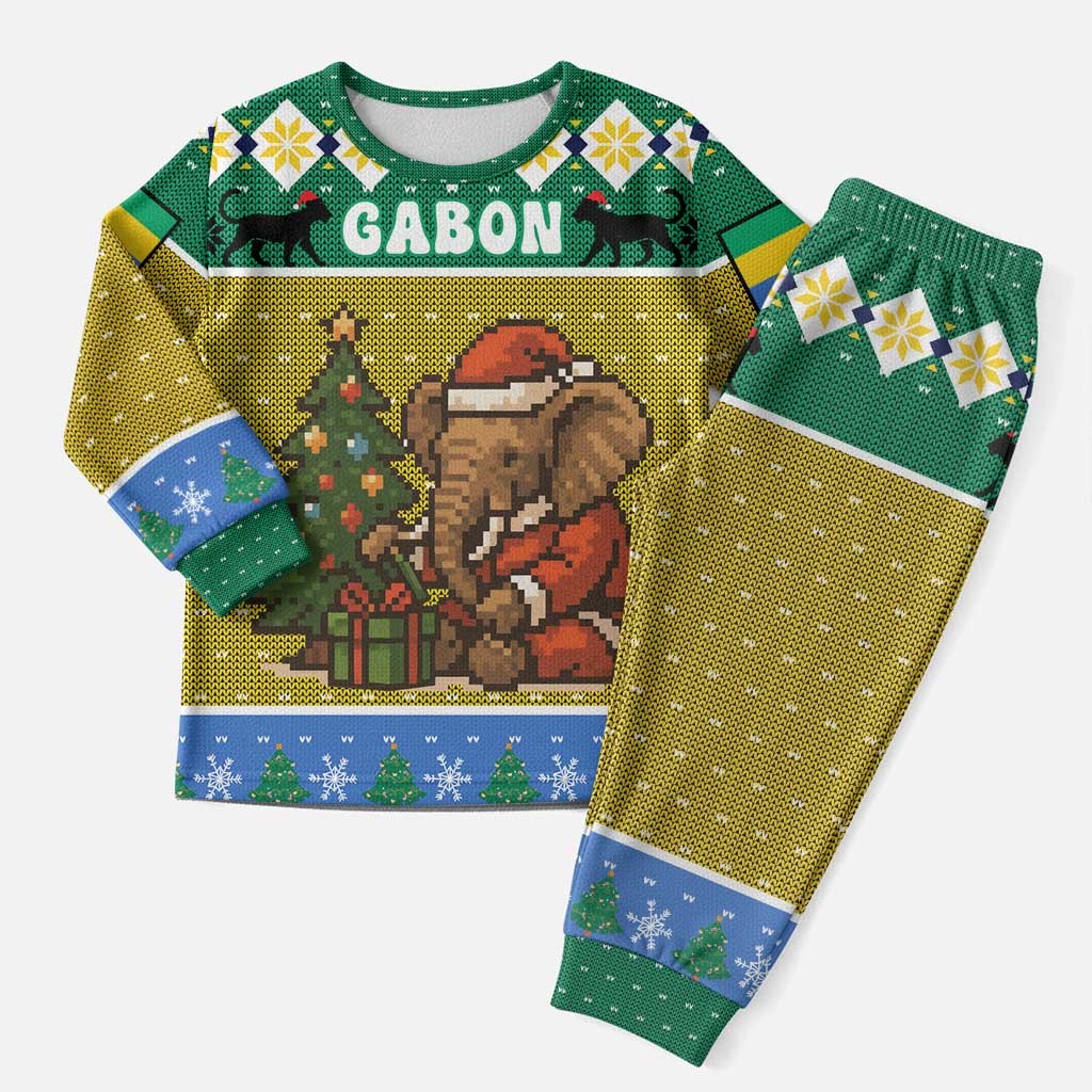 Gabon Christmas Pajama Set with Pixel Art Elephant Santa Christmas Tree and Flag Colors Pattern - Wonder Print Shop