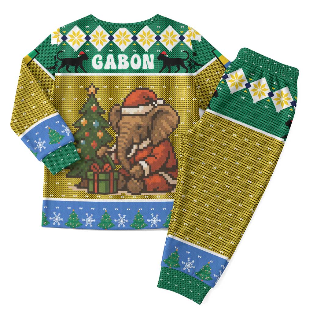 Gabon Christmas Pajama Set with Pixel Art Elephant Santa Christmas Tree and Flag Colors Pattern - Wonder Print Shop