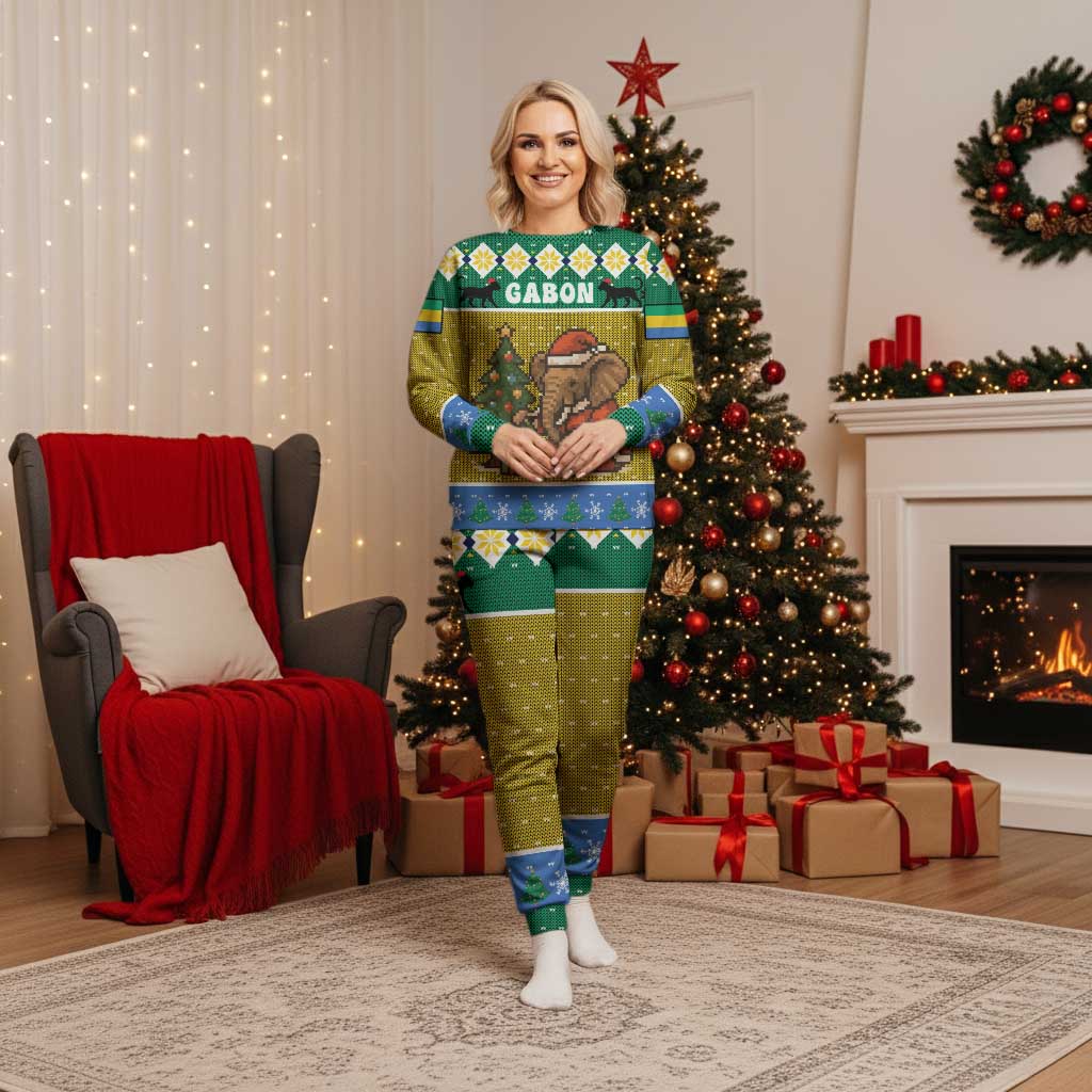Gabon Christmas Pajama Set with Pixel Art Elephant Santa Christmas Tree and Flag Colors Pattern - Wonder Print Shop