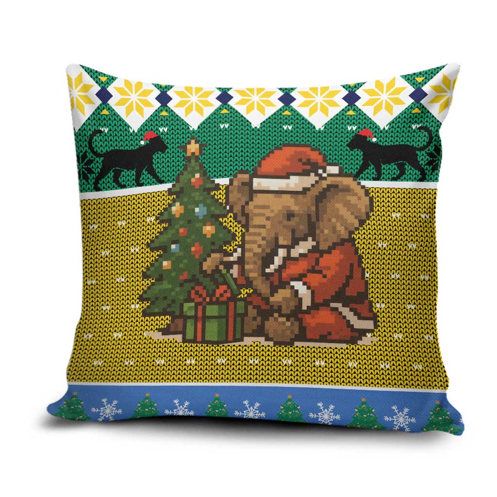 Gabon Christmas Pillow Cover with Pixel Art Elephant Santa Christmas Tree and Flag Colors Pattern - Wonder Print Shop