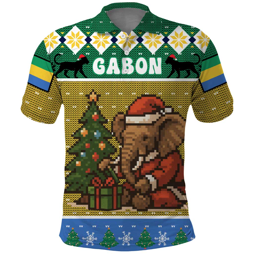 Gabon Christmas Polo Shirt with Pixel Art Elephant Santa Christmas Tree and Flag Colors Pattern - Wonder Print Shop