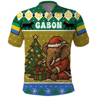 Gabon Christmas Polo Shirt with Pixel Art Elephant Santa Christmas Tree and Flag Colors Pattern - Wonder Print Shop
