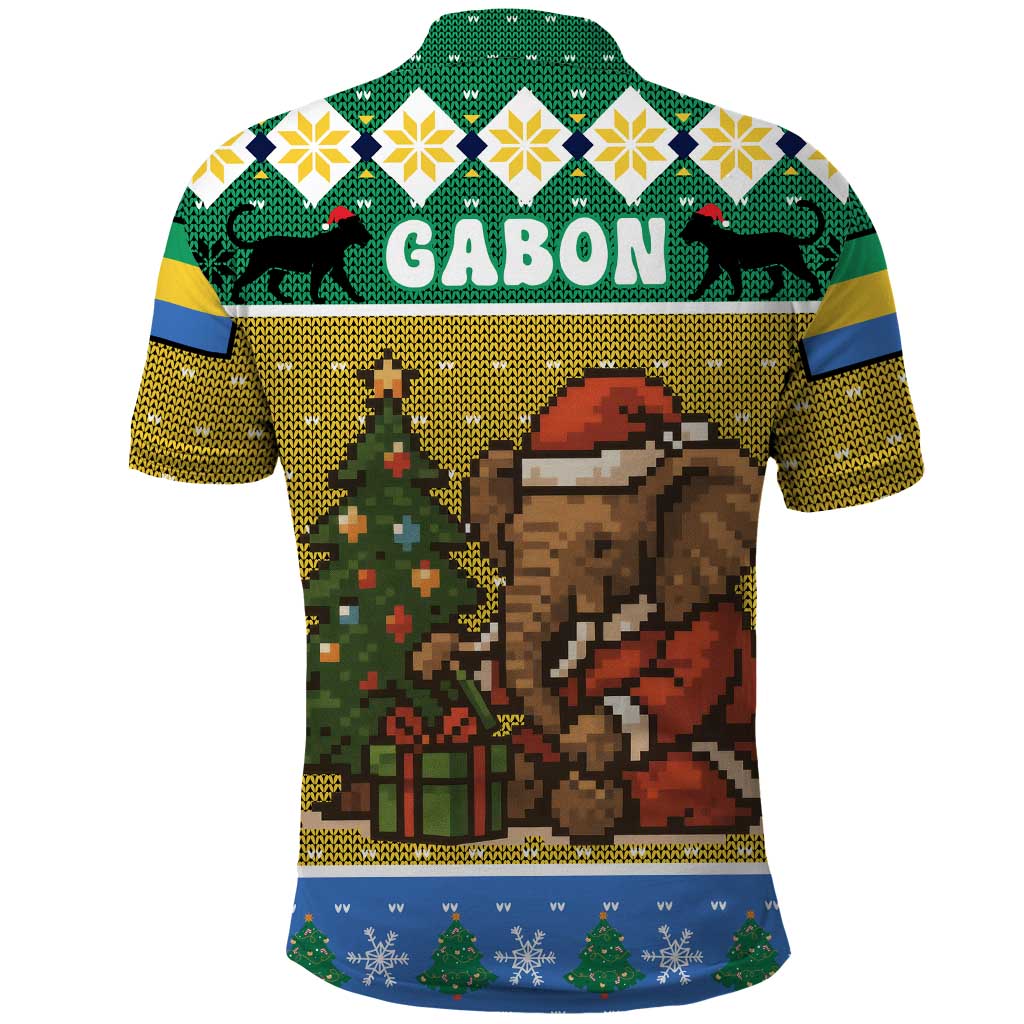 Gabon Christmas Polo Shirt with Pixel Art Elephant Santa Christmas Tree and Flag Colors Pattern - Wonder Print Shop