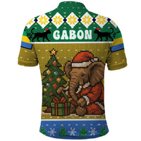 Gabon Christmas Polo Shirt with Pixel Art Elephant Santa Christmas Tree and Flag Colors Pattern - Wonder Print Shop