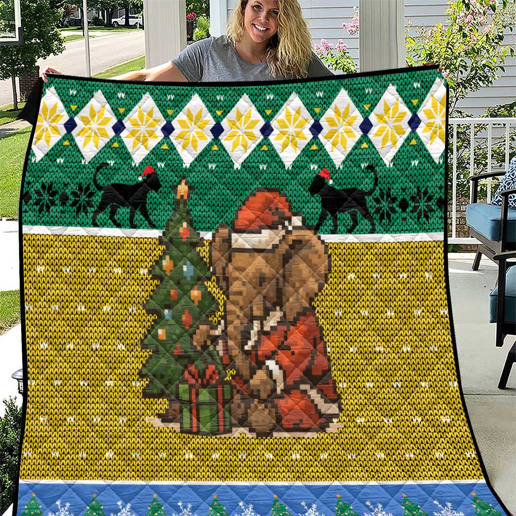 Gabon Christmas Quilt with Pixel Art Elephant Santa Christmas Tree and Flag Colors Pattern - Wonder Print Shop